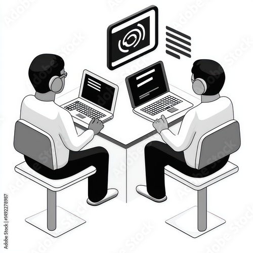 Two individuals sitting opposite each other at a table working on laptops with headsets on, engaged in a programming or technology-related task with digital data visuals floating above