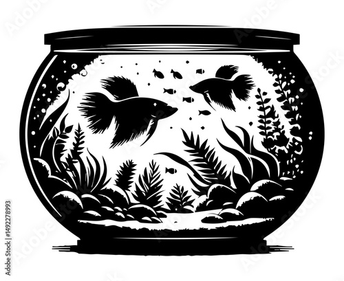 Black and white silhouette of fish in a small round aquarium on a white isolated background. Vector graphics. EPS.
