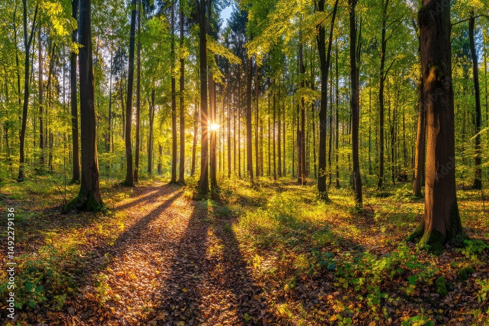 Obraz premium Sun Rays Filtering Through Forest Canopy View