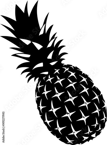 The image features a striking black silhouette of a pineapple, tilted slightly to the right, displaying its characteristic diamond-patterned body and a sharp, leafy crown extending from the top.
