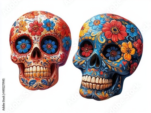 Two vibrantly decorated skulls adorned with colorful floral patterns in red, blue, yellow, and orange hues expressing festive and artistic emotion