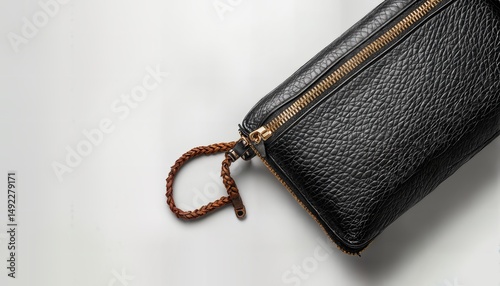 a textured black leather pouch with a braided brown pull tab rests on a clean white surface.