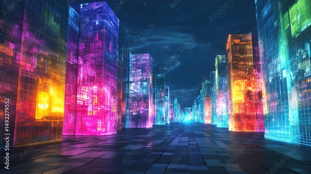 Obraz premium A metaverse digital twin city with holographic buildings and glowing streets