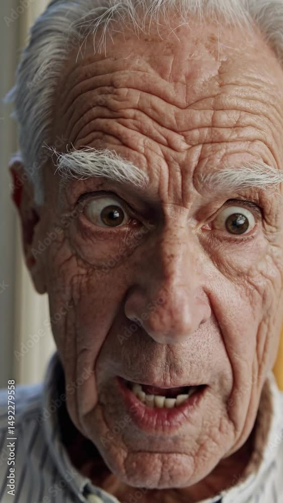 Portrait rapproché d’un homme âgé avec une expression surprise et amusée

