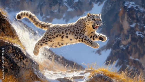 snow leopard leaping energetically across rocky and snowy mountainous terrain with intense focus