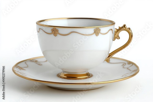Elegant white porcelain teacup and saucer with intricate gold floral patterns and ornate handle on a white background