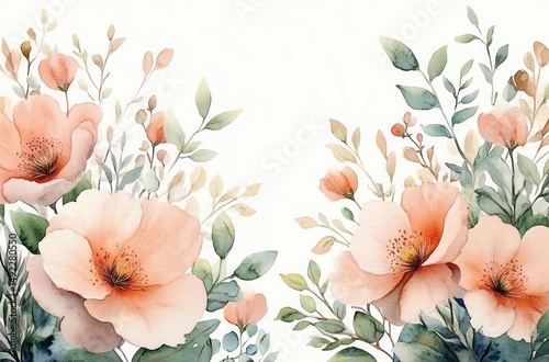 Delicate watercolor painting of soft peach flowers with green and beige leaves on a white background conveying calm and natural beauty