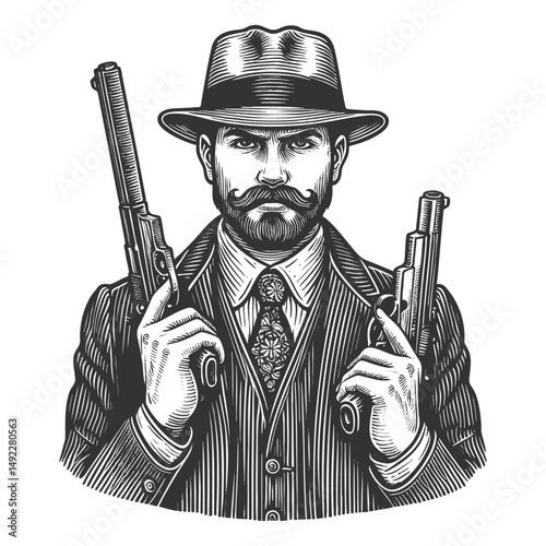 serious vintage gangster in fedora hat and suit, holding two pistols confidently sketch engraving generative ai fictional character vector illustration. Scratch board imitation. Black and white image.