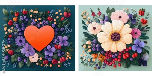 Two colorful floral arrangements with berries and ladybugs surrounding a large red heart on dark background and soft pastel flowers on light background in a vibrant, cheerful composition
