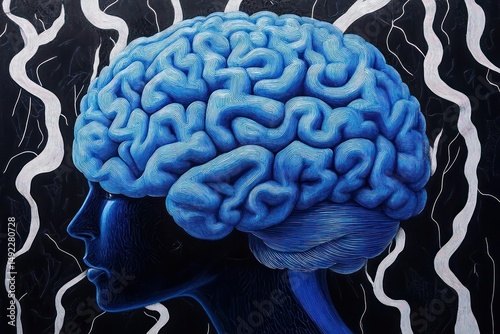 Side profile of a human head with an oversized blue brain and white wavy lines on a dark background symbolizing thought or neural activity