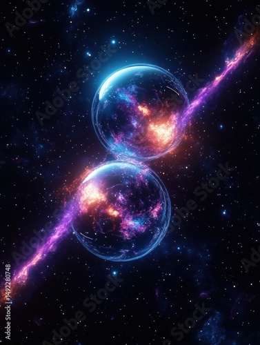 Two luminous transparent spheres with glowing pink and purple cosmic clouds inside, connected by a bright galactic streak in deep space filled with stars