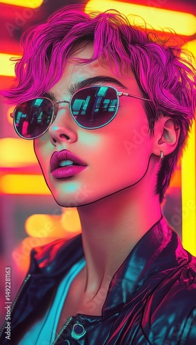 Stylish young person with short vibrant pink hair wearing round sunglasses and a leather jacket, illuminated by colorful neon lights, exuding confidence and cool attitude