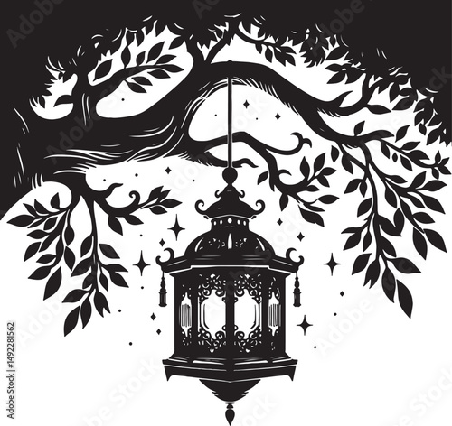 A black and white illustration of a lantern hanging from a tree with stars around it
