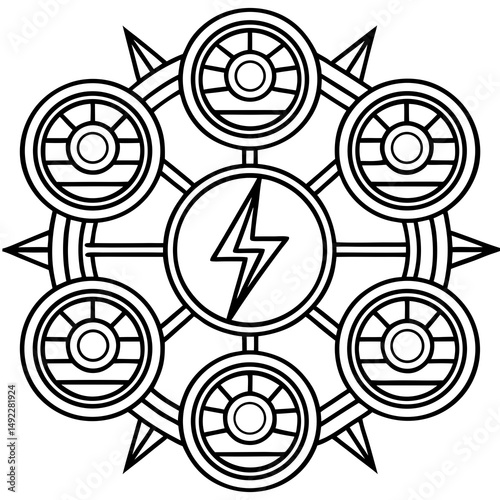 Abstract geometric circular design with lightning bolt