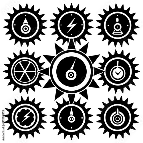 Nine black and white cog wheels with various symbols