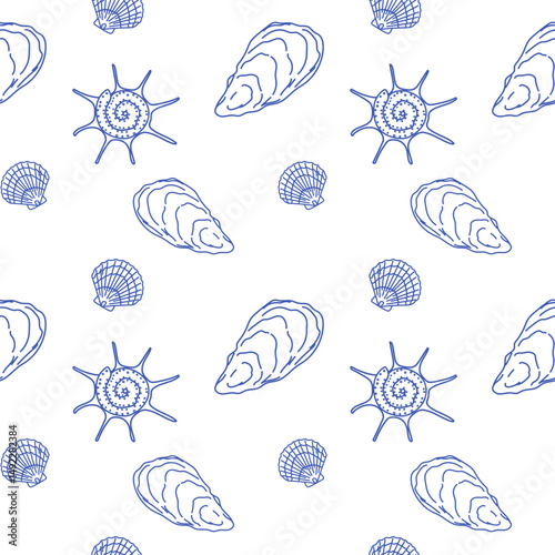 Vector seamless pattern with hand drawn oysters, clams, seashells. Summer marine repeat background, simple sketch texture for textile, apparel, wrapping paper, decor. Nautical hand-drawn linear design