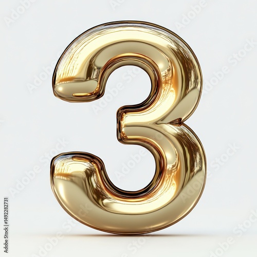 Shiny reflective three-dimensional golden number three on a clean white background with smooth metallic surface