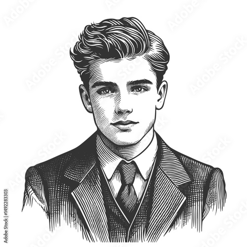 confident young businessman in a suit, featuring stylish hair and a serious expression sketch engraving generative ai fictional character vector illustration. Scratch board. Black and white image.