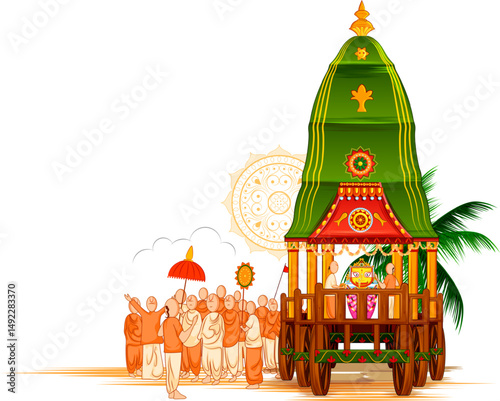illustration of Lord Jagannath, Balabhadra and Subhadra on annual Rathayatra in Odisha festival background