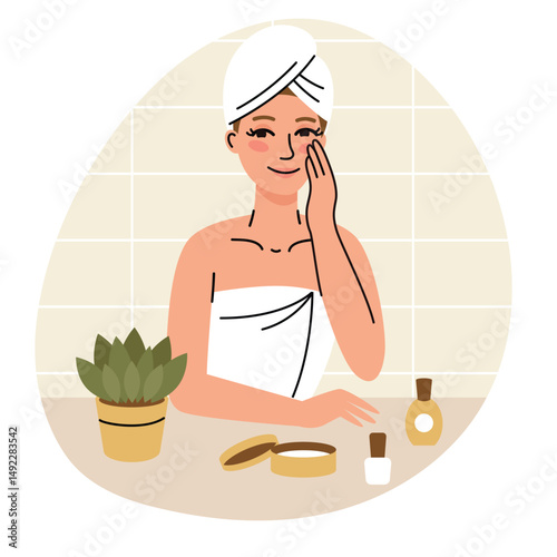 A woman takes care of her face. Morning routine. A moisturizer. Flat cartoon vector illustration