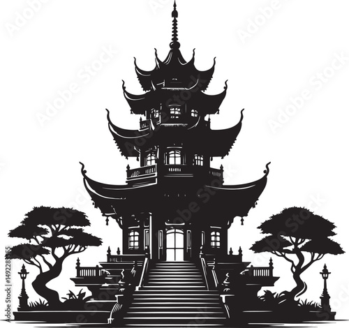 Illustrated pagoda structure with multiple tiers and trees in a monochrome style