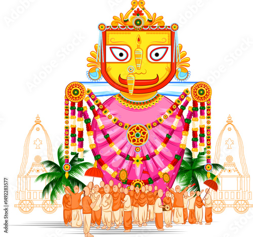 illustration of Lord Jagannath, Balabhadra and Subhadra on annual Rathayatra in Odisha festival background