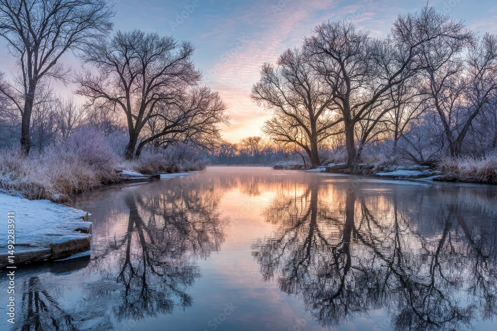 Fototapeta premium Peaceful Winter River Scene at Sunset Glow