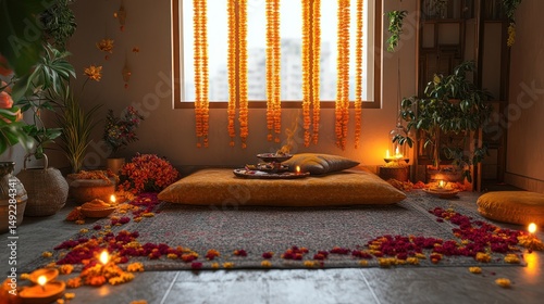 Wallpaper Mural Festive Indian room, window, flowers, candles, puja Torontodigital.ca