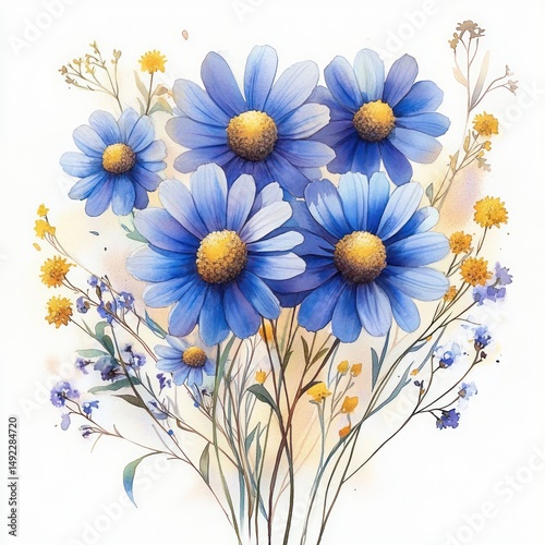 A delicate bouquet of blue daisies and yellow wildflowers with slender green stems arranged in a soft, light background conveying freshness and calm