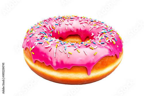 Delicious pink frosted donut with colorful sprinkles, cut out transparent