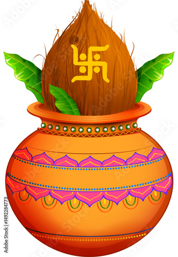 illustration of coconut in mangal kalash on colorful rangoli for hindu festival