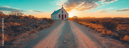 Beside a dirt road, a secluded chapel is bathed in rising sunlight
