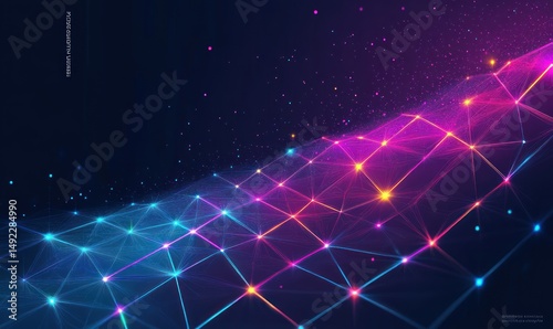Colorful interconnected glowing nodes forming a futuristic polygonal network grid on a dark background with sparkling particles and digital light effects