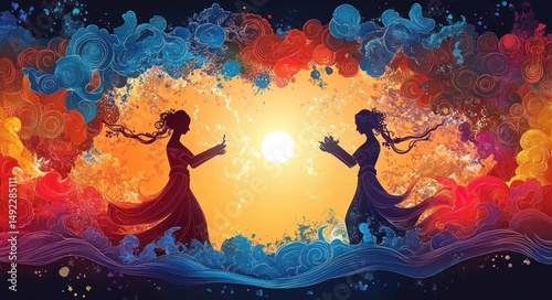 Two silhouetted women in flowing dresses reaching towards a bright sun, surrounded by swirling vibrant blue, red, and orange abstract clouds and waves, evoking connection and harmony