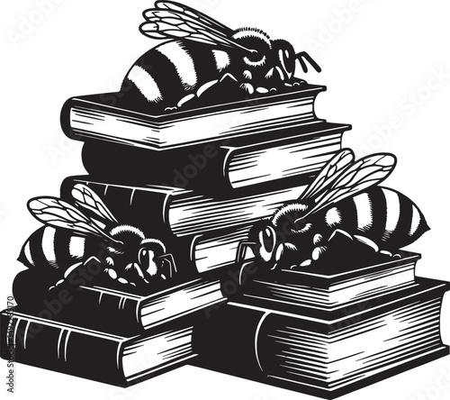 Three bees resting atop a stack of books in a black and white illustration style