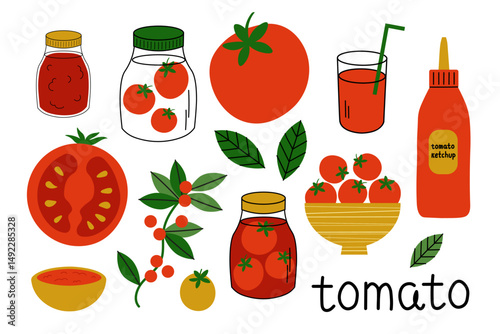 Tomato set with half and whole tomato, lecho, cherry tomatoes, juice, canned fruit, ketchup, adjika, sauce, jar. Vector illustration on isolated background. Red ripe vegetables, food.  Design elements