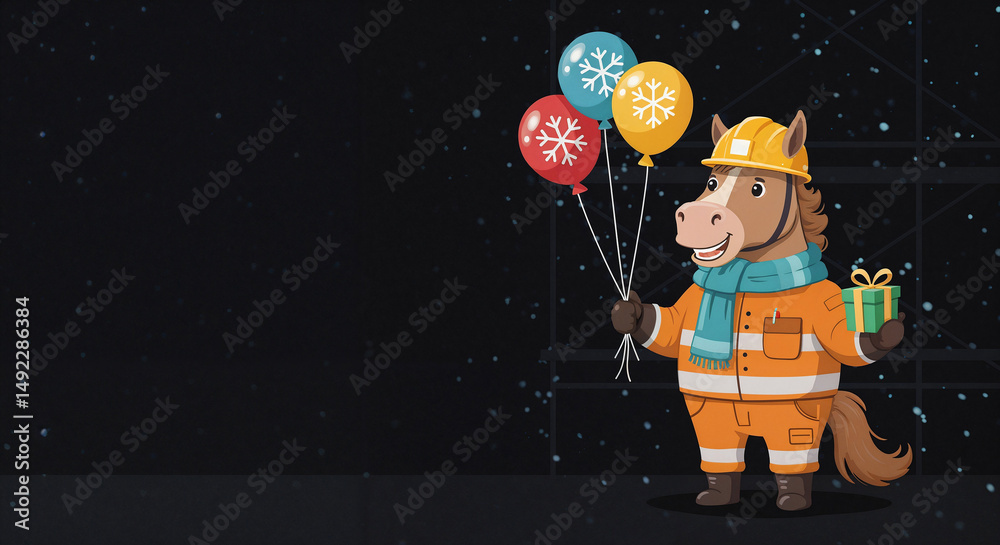 Naklejka premium Horse in a builder's suit with gifts and balloons, symbol of the year . Generative AI