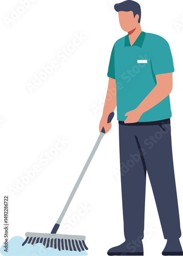  Man Sweeping Floor with Brush