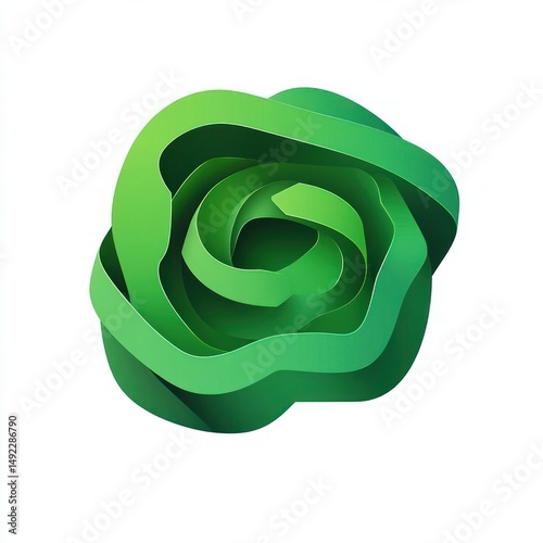 Abstract green layered shape resembling a stylized rose or flower with smooth curved petals in various shades of green on white background