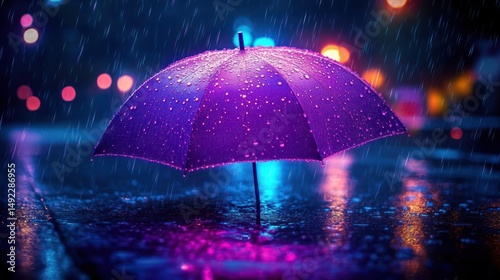 Wallpaper Mural Purple umbrella standing open on wet pavement during night rain with colorful blurred city lights in the background Torontodigital.ca