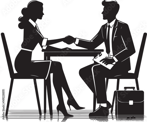 Silhouette of business partners shaking hands across a table with briefcase nearby