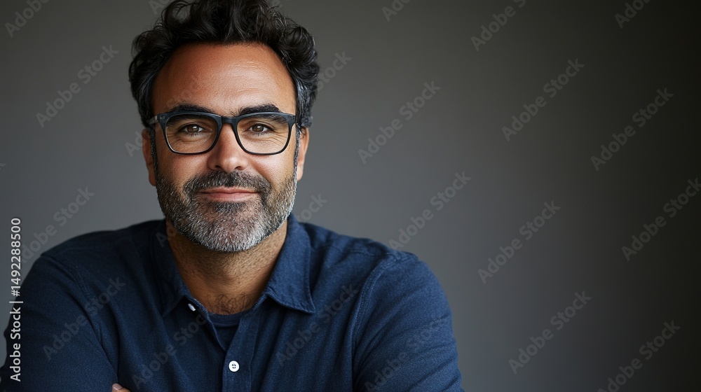 Fototapeta premium Confident Businessman in Deep Blue Shirt: Professional Portrait for Modern Advertising. Smiling Male Model with Crossed Arms on Gray Background. High-Resolution AI-Generated Image for Web Design and C