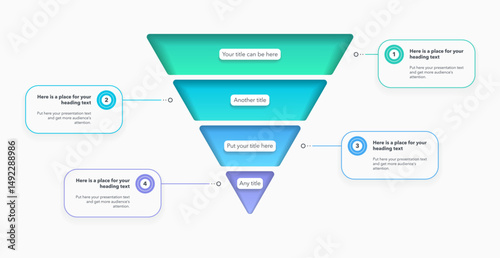 Modern funnel chart template with 4 colorful sections. Creative diagram divided into four parts with numbers and place for your content.