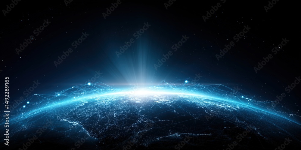 Obraz premium Abstract Digital Blue Glowing Light Connections Over Earth on Dark Background: Technology and Global Network Concept