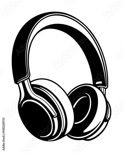 headphones black and white illustration without background.