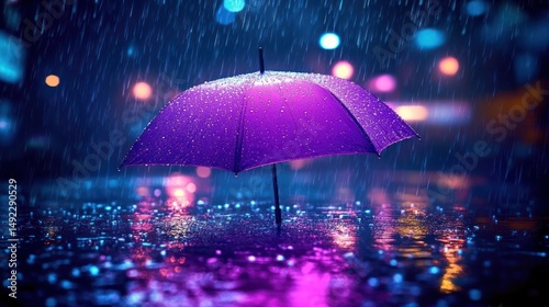 Wallpaper Mural A vibrant purple umbrella standing alone on a wet reflective surface in heavy rain with colorful blurred city lights in the background creating a moody and serene atmosphere Torontodigital.ca