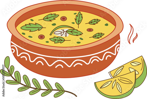 36 Indian thali, colorful platter, vegetarian feast, golden samosas, fragrant biryani rice, spicy vegetable curry, chutney dipping sauce, garnished with fresh coriander, vector Illustration