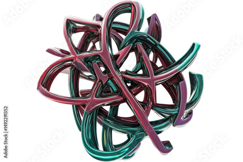 Intertwined metallic ornament, glossy gradient shape, cut out transparent