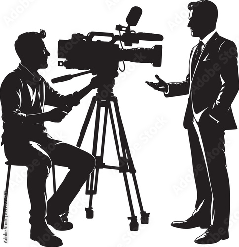 Silhouette of cameraman filming a businessman with a professional video camera setup