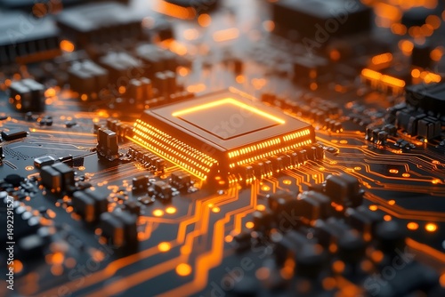 Illuminated Microchip on Circuit Board for Technology and Innovation Concepts